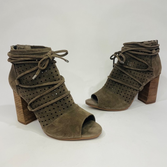 Very Volatile Booties Taupe Suede Open Toe Chunky Heel Boots Size 8 - Picture 1 of 11